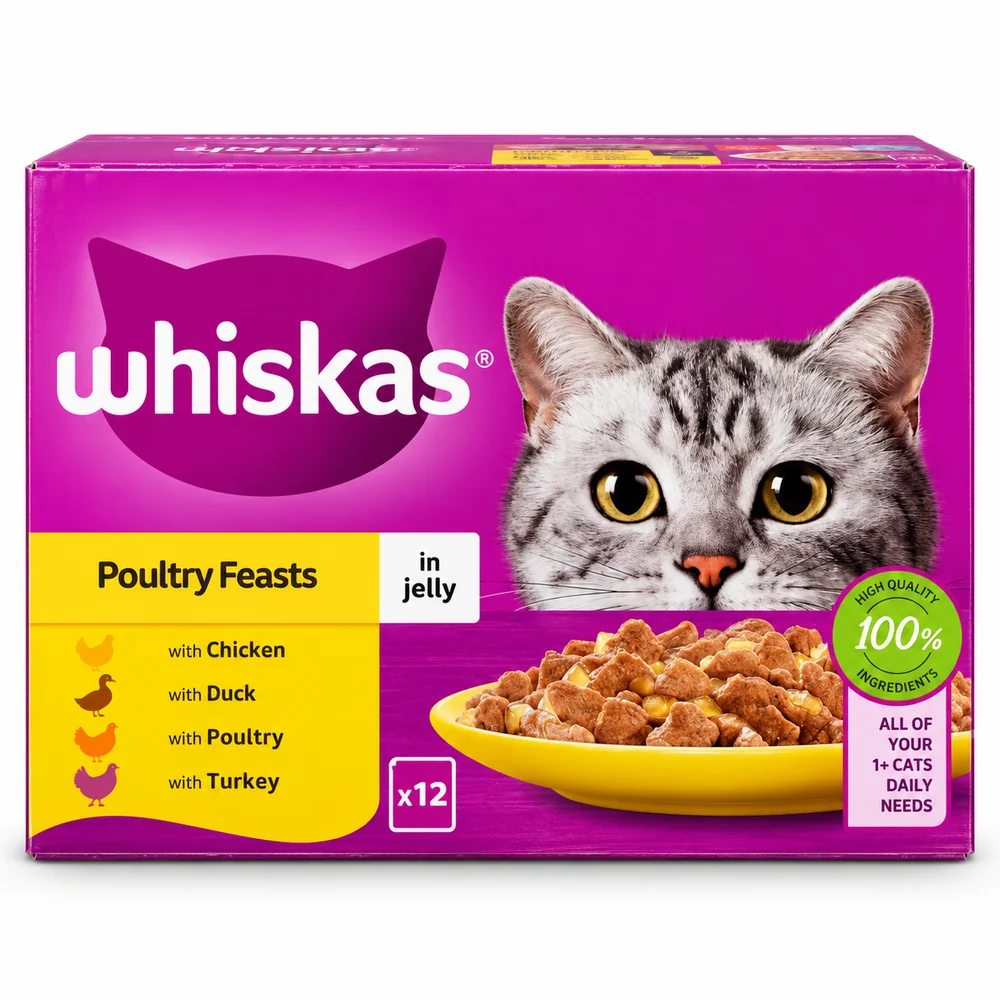 Whiskas Poultry Feasts in Jelly adult cat food 12-pouch multipack