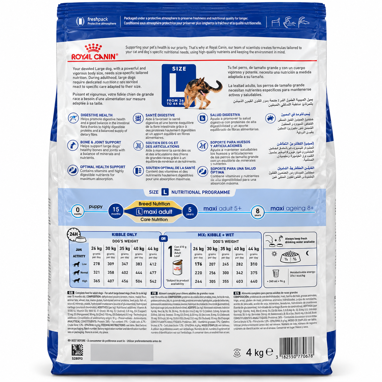 Royal Canin Maxi Adult Dog Food 4kg Back Label