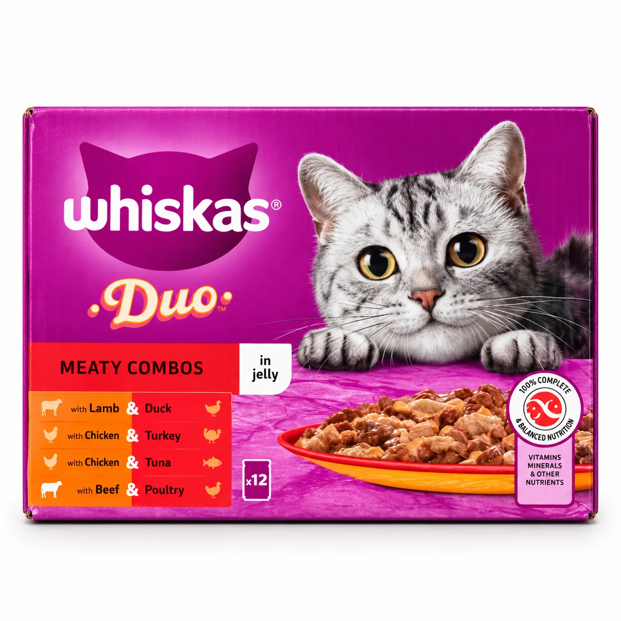 WHISKAS 1+ Duo Meaty Combos Adult Wet Cat Food Pouches in Jelly 12 × 85g