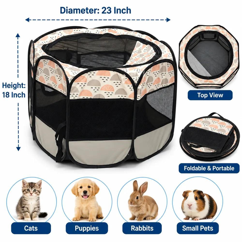 Foldable pet playpen for cats and small pets 23 inch diameter 18 inch height