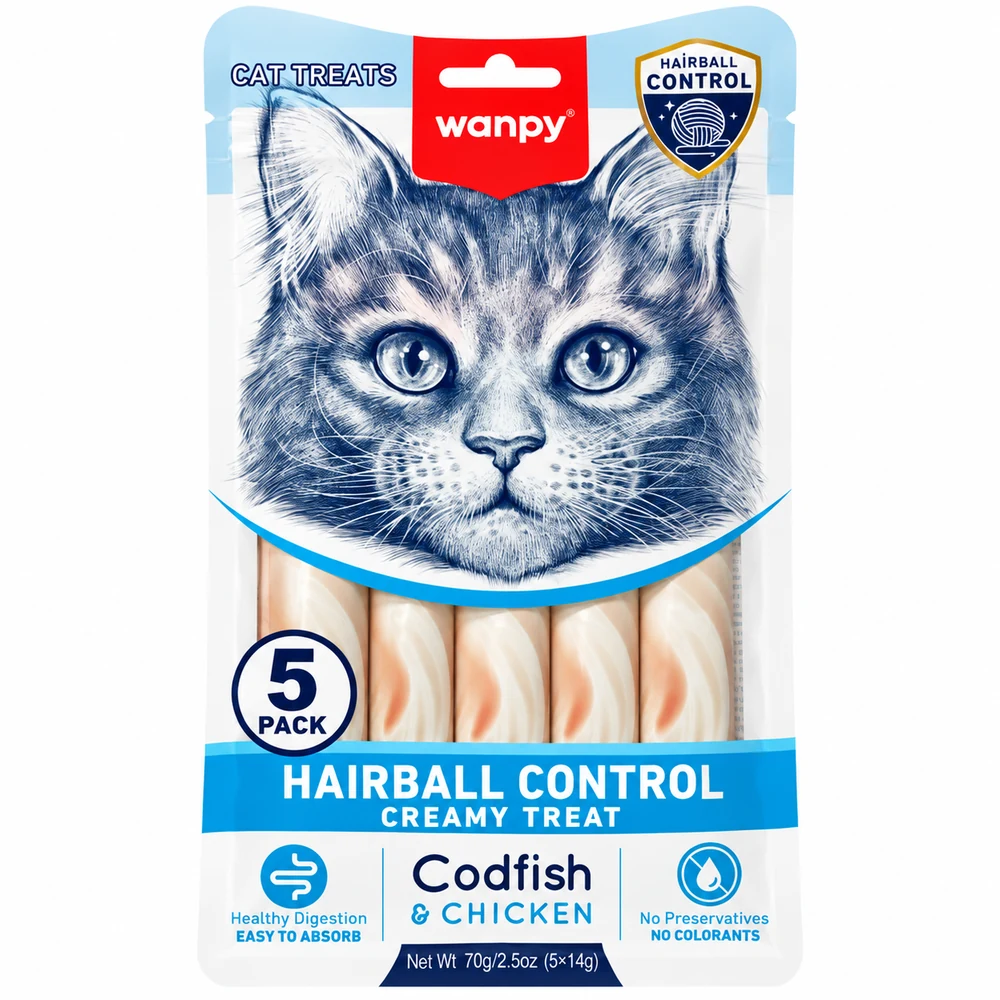Wanpy Hairball Control Creamy Treat for Cats – Codfish & Chicken 70g