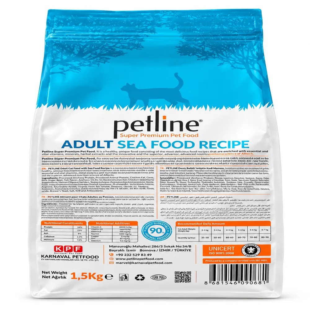 Petline Super Premium Adult Cat Food Sea Food Recipe 1.5kg Back Packaging
